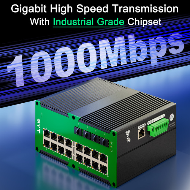 16 Port Gigabit PoE Switch L2 Industrial Grade Management Switch with 4 SFP Ports -40 to 75℃ Wide Temp Din-Rail Fanless CE RoHS
