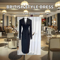 Robe longue fendue élégante noire vintage britannique haut de gamme pour femme, col en V, revers, simple boutonnage, dentelle, vente en gros transfrontalière ODM 2026