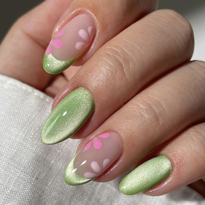 <span class=keywords><strong>Uñas</strong></span> de Gel Suave Personalizadas al por Mayor, <span class=keywords><strong>Uñas</strong></span> Acrílicas de Presión con Efecto Ojo de Gato Verde, <span class=keywords><strong>Uñas</strong></span> Francesas Artificiales de Primavera - Product Image 1