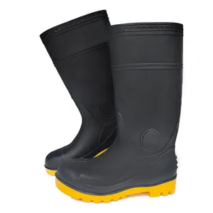 Botas superiores pretas sola amarela PVC Safety Rain com certificado europeu