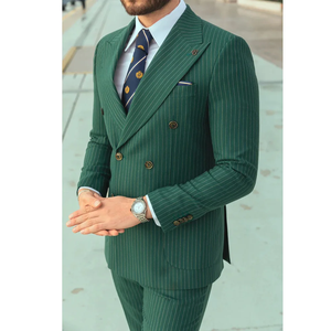 Costume de luxe vert à rayures fines pour homme, croisé, avec fente dorsale, revers pointus, ensemble formel 2 pièces (veste et pantalon) sur mesure - Product Image 1
