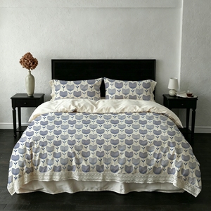 100% Cotton <strong>Duvet</strong> Cover <strong>Set</strong> <strong>Navy</strong> Blue Tulip Print Lace Trim Scandinavian 4-Piece Bedding <strong>Set</strong> for Bedroom Decor - Product Image 1