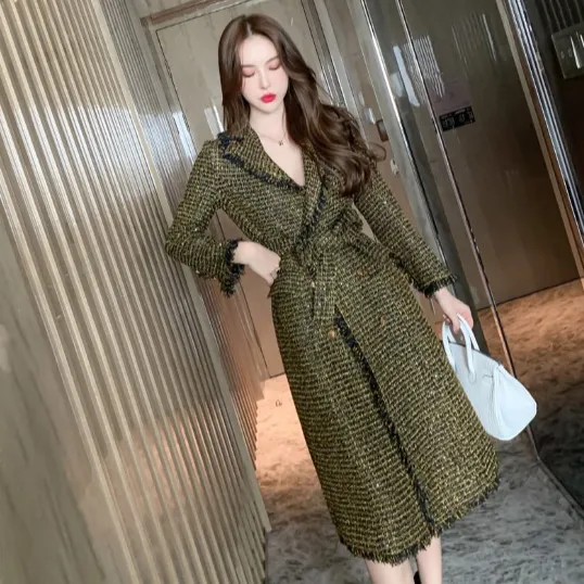 2023 Autumn Winter Double-Breasted Belt Long Sleeved Warm Trench Coats Army Green Plus Size Casual Women Coat