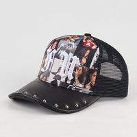 Casquette Trucker Célébrité en Maille avec Rivets, Logo Brodé 3D, Sublimation, Visière en Cuir, 5 Panneaux, Qualité Supérieure, Personnalisable OEM, Vente en Gros