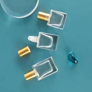 Luxury Square <b>Clear</b> <b>Glass</b> Roll-On Bottle 5ml 10ml with Steel Roller for Serum Perfume & Essential Oils Shiny Gold Lid Packaging - Product Image 3