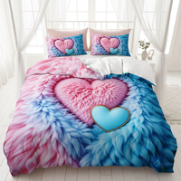 Ensemble de housse de couette et de drap de lit pour chambre à coucher, imprimé en fourrure simulée en forme de cœur rose et bleu