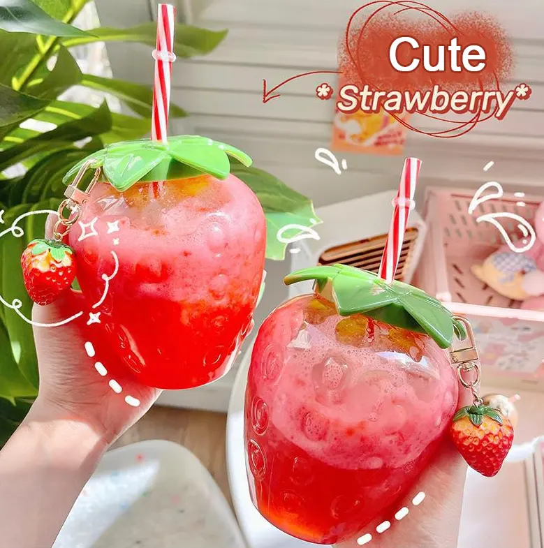 Wholesale Cute Strawberry Cup With Straw Transparent Plastic Water Bottles For Kids Girl Student Cold Drink Water