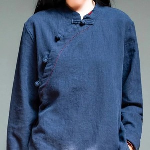 Traditional Chinese Women's Cotton Linen Stand Collar Long Sleeve Loose T-Shirt Spring Autumn Tea Dress Pullover Bean Green - Product Image 5