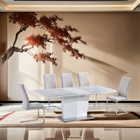 Table à manger contemporaine réglable en verre blanc, MDF et acier inoxydable, résistante à l'eau