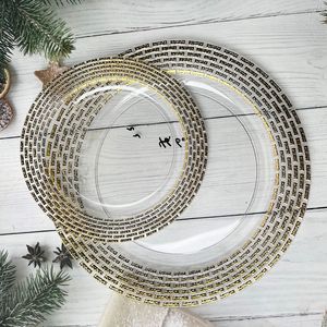 Assiettes en plastique jetables élégantes de forme circulaire à nervures roses avec bord doré pour mariages, événements, banquets, occasions spéciales - Product Image 6