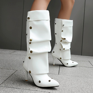 Botas de tacón súper alto con botón para mujer, diseño de tacón fino hasta la rodilla, estilo dos en uno, con diseño de apilamiento, botas puntiagudas para otoño e invierno. - Product Image 2