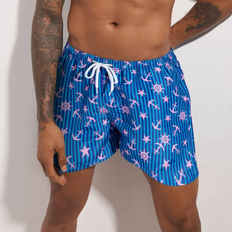 Custom Printed Anchor Pattern Quick Dry Polyester Swim Shorts Mens Beach Short Swim Trunks