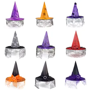 Halloween Wizard Hats Witch Costume Accessory Party Decoration Black Spiderweb Printing Magician Witch Hat