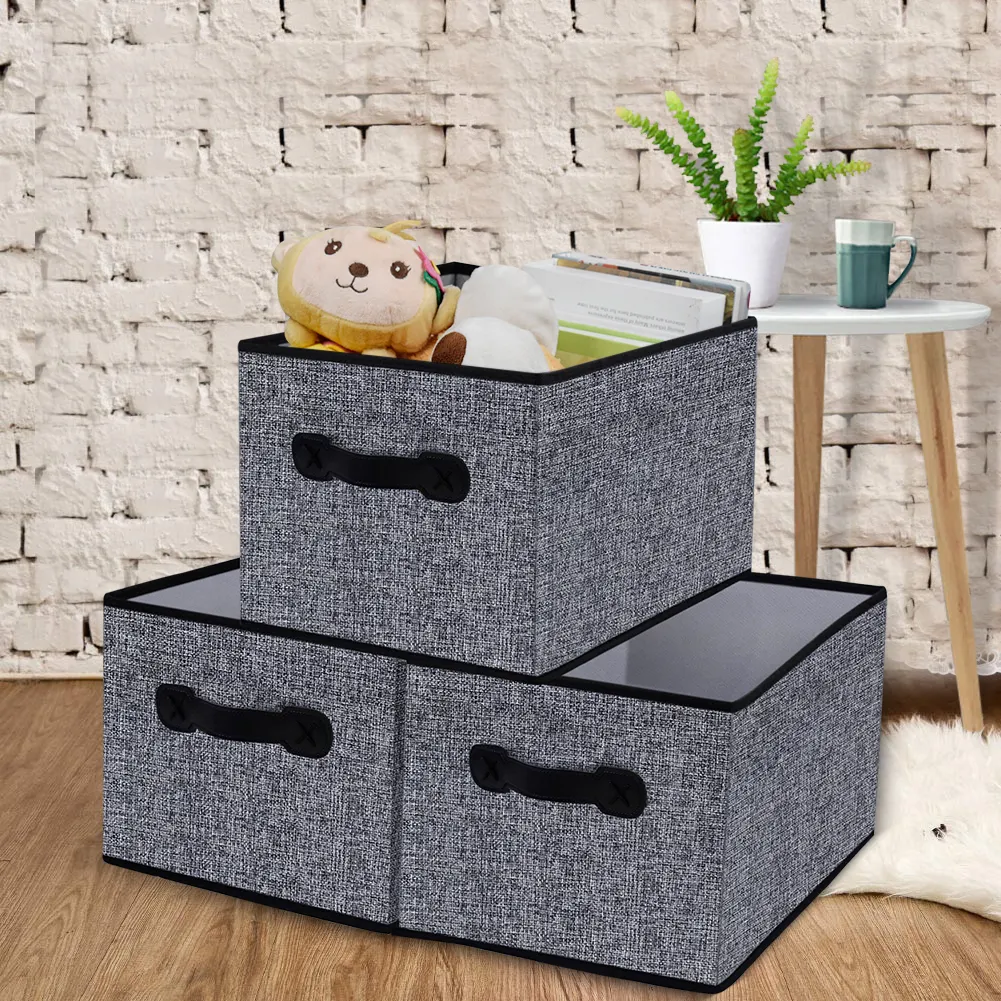 Folding cardboard non-woven kids toy boxes bin storage with leather handle