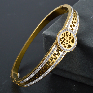 En Acier Inoxydable Interlocking Plant Design Spring-Clasp Trendy Sturdy 18K Gold Plated Zircon Decorative <b>Couple</b> Bangle - Product Image 5