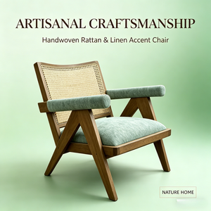 Natural Rattan Back Armchair Solid <b>Oak</b> <b>Frame</b> Linen Fabric Midcentury Modern Eco-Friendly Handmade Living Room Chair - Product Image 2