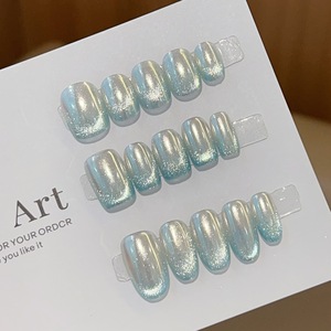 Lot de 10 <span class=keywords><strong>faux</strong></span> ongles courts effet œil de chat bleu chrome Aurora, faits à la main, à presser, effet métal liquide, pour usage quotidien - Product Image 1