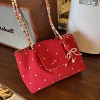 Sac à bandoulière mode rouge de grande capacité de style coréen, fermeture à glissière à sangle unique, doublure en polyester, motif à pois, polyvalent en eau
