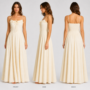 Robe longue personnalisée pour <span class=keywords><strong>femme</strong></span>, bretelles spaghetti, smockée, coupe trapèze, style bohème, pour la plage, l'été, les invitées de mariage, en coton, fabricant de vêtements - Product Image 2