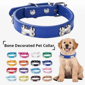 Best Seller <span class=keywords><strong>Collar</strong></span> de perro de cuero PU ajustable Diseño creativo <span class=keywords><strong>Collar</strong></span> de cuero decorativo de hueso para mascotas - Product Image 1