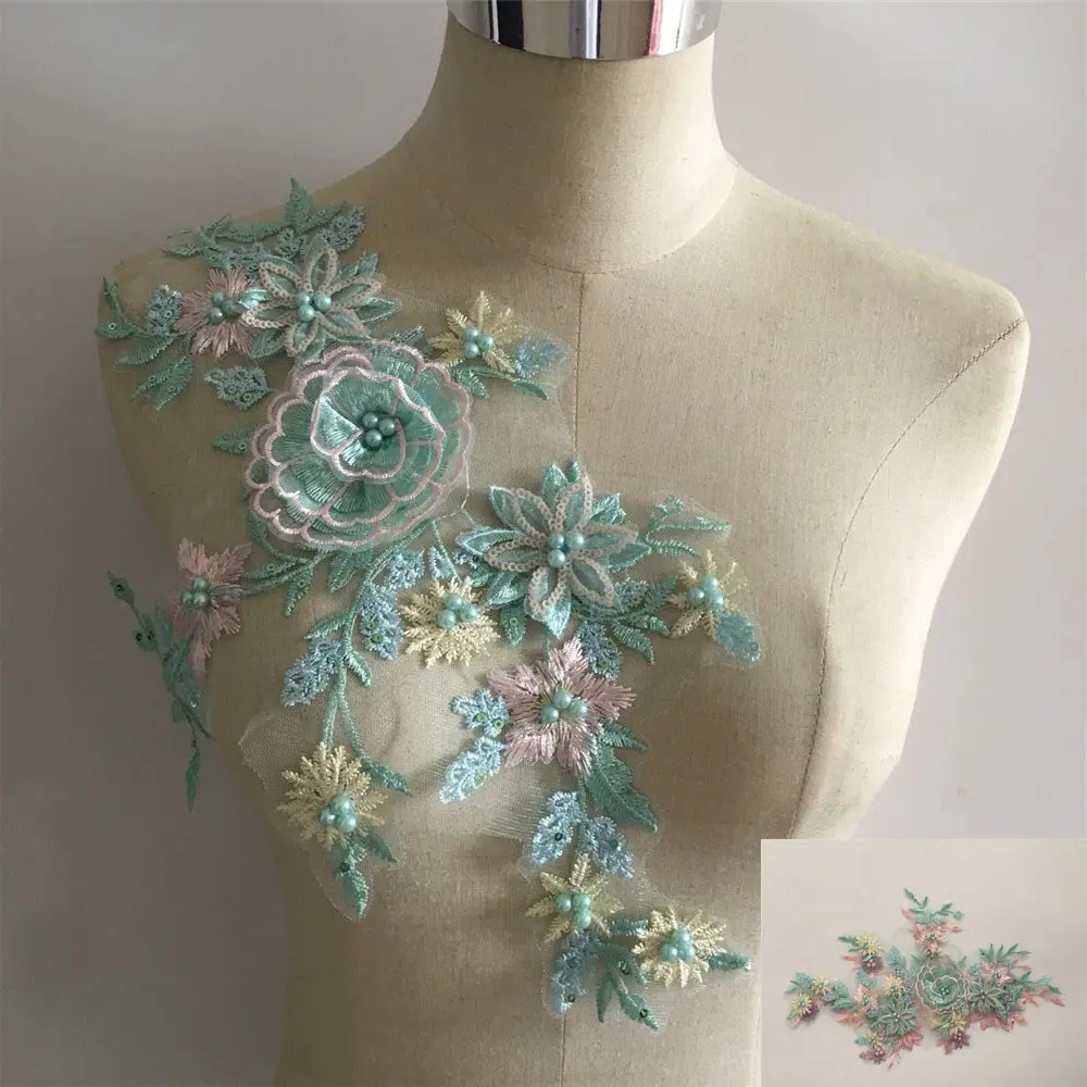 3D Flowers Beaded Lace Fabrics Applique Embroidery Sewing On Patches For Wedding/Evening Dress Clothing
