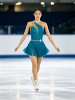 Robe de patinage artistique asymétrique bleu sarcelle avec découpes et ceinture en strass, jupe sans manches pour filles et adultes, compétition et performance