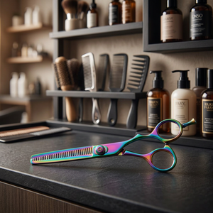 Ciseaux à cheveux Rainbow à 28 dents, à pointe arrondie, en acier inoxydable, à long manche, pour droitiers, ciseaux de barbier professionnels - Product Image 3