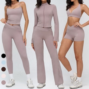 Completo Sportivo da Donna in Tinta Unita 6 Pezzi Abbinabili Liberamente Pantaloncini Yoga a Vita Incrociata <span class=keywords><strong>Leggings</strong></span> <span class=keywords><strong>con</strong></span> Tasche Top Halter Outfit da Allenamento - Product Image 4