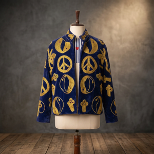 Veste Courte en Velours Bleu Brodé Symbole de la Paix pour Femme, Style Bohème, Ouverte sur le Devant, Vintage, Hiver, Ethnique, Vente en Gros, Personnalisable OEM - Product Image 1