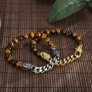 Advanced stainless steel tiger eye bracelets silver Retro double Buddha heads nature stone gold plated bracelet men gift