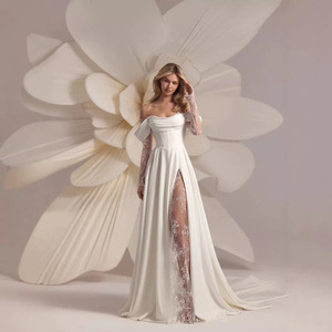Off Shoulder Train Wedding Dress Empire Waist Sheath Style White Long Gown Simple Fashion Spring Design - Product Image 1