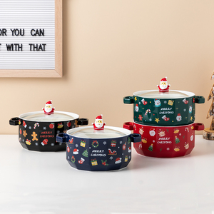 Bán Sỉ Bát Họa Tiết Giáng Sinh Màu Đen Đỏ Xanh Lục Trong Suốt Bát Gốm Tròn Có Tay Cầm Nắp - Product Image 3