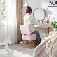 Tabouret de Vanité Multifonctionnel Moderne Petit Pouf Doux en Fausse Fourrure 4 Pieds en Métal Pieds Antidérapants Chambre à Coucher Chaise de Maquillage Rose