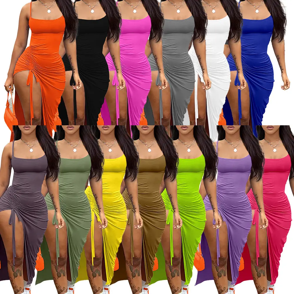 14色プレーンスリムプラスサイズドレス巾着夏2023プリーツドレス女性服