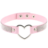 Collier ras du cou en cuir PU gothique punk Harajuku, avec strass brillants, forme de cœur, bouton pression, collier de bondage