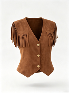 Women V Neck Fringe Faux Suede Sleeveless Vest, Button Front Slim Fit <b>Western</b> Daily Casual Waistcoat - Product Image 2