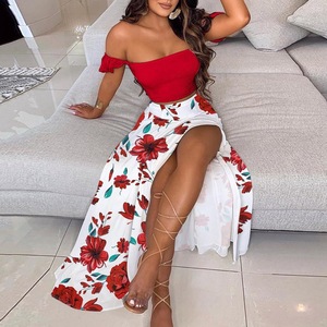 Ensemble deux pièces grande taille à imprimé floral, haut court épaules dénudées et jupe longue fendue, pour femme, tenue de plage assortie - Product Image 1