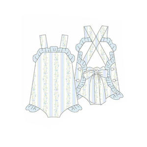 Combinaison sans manches pour bébé, motif rayures et fleurs bleues, vente en gros, ensemble enfant SR4123 CUSTOM - Product Image 1