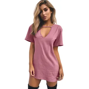 Frauen T-Shirt Kleid 2022 Choker V-Ausschnitt Sommerkleider Kurzarm Casual Sexy Halfter Loose Beach Kleid Vestidos Plus Size