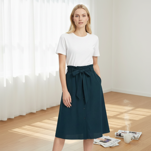 <span class=keywords><strong>Abito</strong></span> da donna a trapezio al ginocchio, <span class=keywords><strong>azzurro</strong></span>, con top a maniche corte e gonna a vita naturale scura, anti-piega, casual - Product Image 5