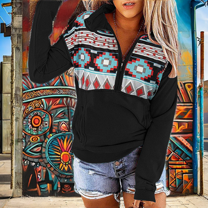 Sudadera con capucha y cremallera de cuarto de cierre para mujer, talla grande 5XL, estilo casual, teñido liso, con estampado azteca occidental personalizado, Colección Primavera 2026 - Product Image 2