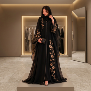 Elegante Abaya Negra con Bordado Floral, Manga Larga, Cuello Alto, Vestido de Fiesta para Mujer, Estilo de Oriente Medio - Product Image 2