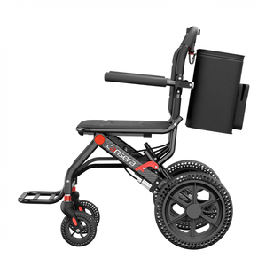 Fauteuil roulant manuel idéal pour les sorties, cadre en aluminium imprimé carbone, roues arrière alvéolées de 12 pouces avec siège en cuir, poignée de traction et sac. - Product Image 4