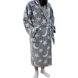 Bornoz yumuşak kesme yıldız tasarım mercan polar Robe pijama sonbahar ve kış Unisex yumuşak bornoz toptan bornoz