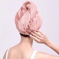 FF6437 Serviette de séchage pour cheveux à rayures avec logo personnalisé pour femmes, turban pour cheveux, bonnet en polaire corail super absorbant