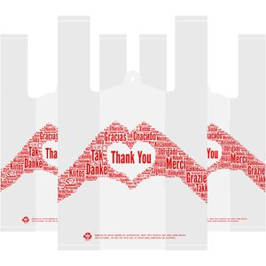 Sacs à T-shirt « Merci » 12x6.5x20 Blancs Réutilisables pour Courses, Lot de 200 en LDPE Sérigraphiés - Product Image 1