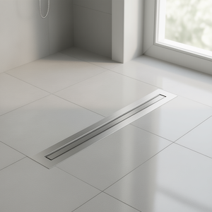 Caniveau de douche linéaire rectangulaire de 24 pouces en acier inoxydable brossé, design moderne, avec insert de carrelage décalé et filtre à cheveux - Product Image 2