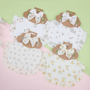New Arrival Newborn Soft Printed Color <strong>Baby</strong> <strong>Headbands</strong> Nylon Custom Logo Labels <strong>Baby</strong> Bibs Set - Product Image 6