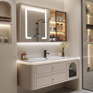 Bathroom <b>Vanity</b> Set <b>LED</b> Smart Mirror Modern Creamy Style Skin-feel Wood Integrated Wash Basin Cabinet Wall Floating - Product Image 3