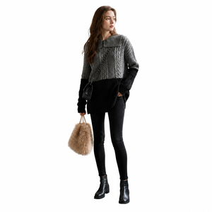 Fashion Color Block <b>Cable</b> Knit <b>Midi</b> Dress Gray Black Spliced Full Long Sleeve Stand Collar Breathable Standard Thickness Casual - Product Image 1